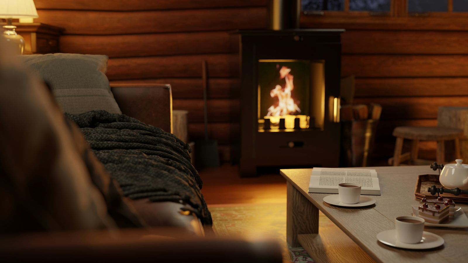 Salon de chalet chaleureux devant un poêle à bois allumé